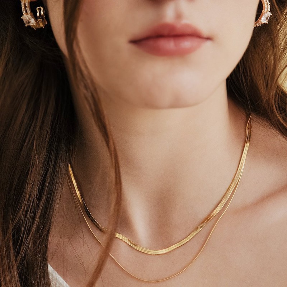 18K Gold Plated Double Flat Thin Snake Chain Clavicle Chain (Gold/Double Layer) - Picture 1 of 7